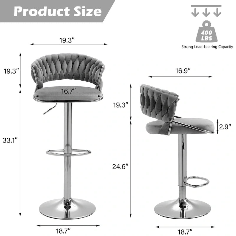 Adjustable Height Swivel Bar Stool with Velvet Seat, Set of 4