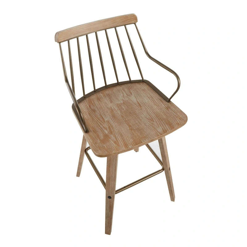 Farmhouse Counter Stool with White Washed Seat and 360° Swivel