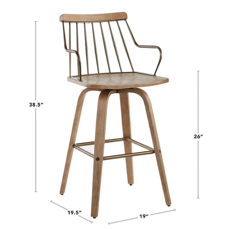 Farmhouse Counter Stool with White Washed Seat and 360° Swivel