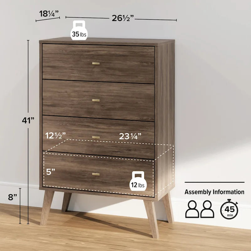 Mid-Century Modern 4-Drawer Chest with Tapered Wood Legs