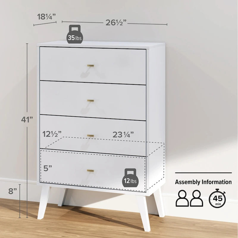 Mid-Century Modern 4-Drawer Chest with Tapered Wood Legs