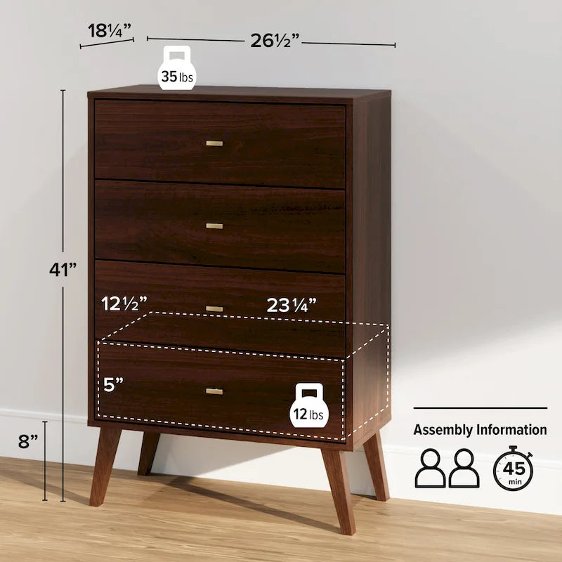 Mid-Century Modern 4-Drawer Chest with Tapered Wood Legs