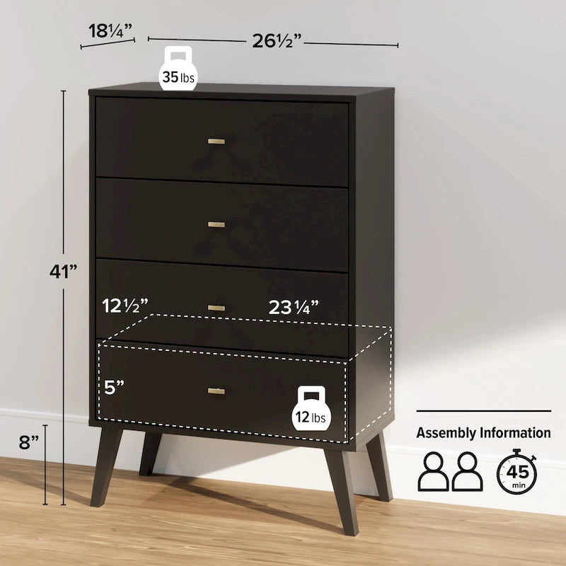 Mid-Century Modern 4-Drawer Chest with Tapered Wood Legs