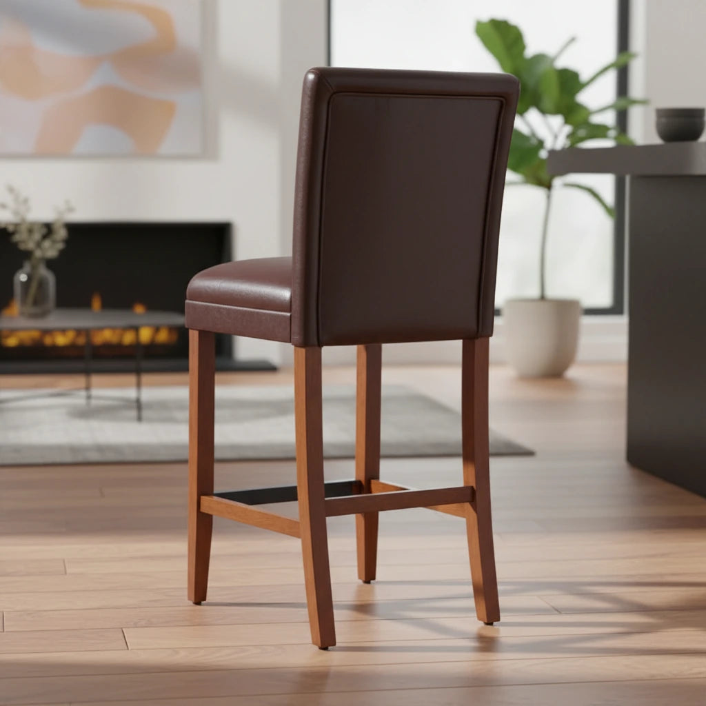 29-Inch Brown Faux Leather Barstool with Wood Legs