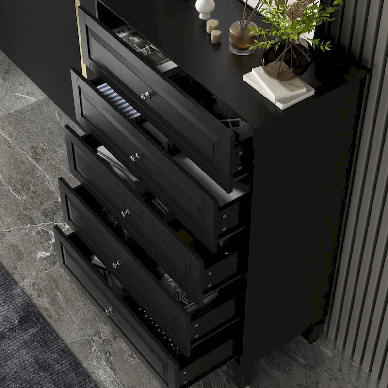 5-Drawer Lacquered Dresser with Solid Wood Legs, 31.5W x 47.2H inches