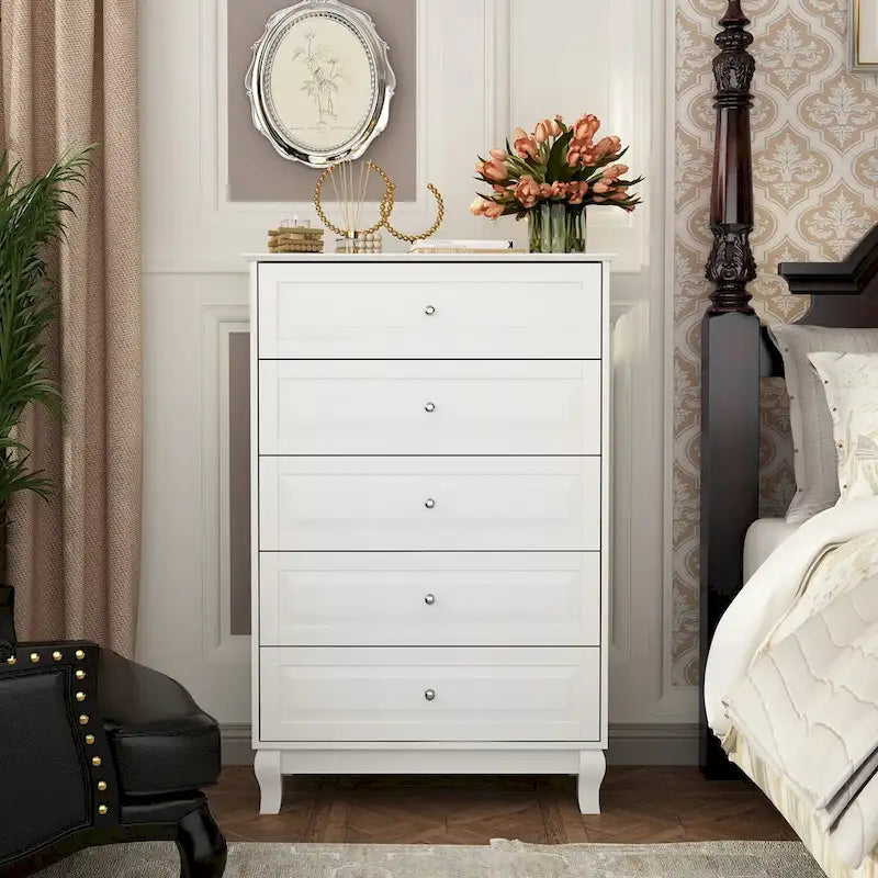 5-Drawer Lacquered Dresser with Solid Wood Legs, 31.5W x 47.2H inches