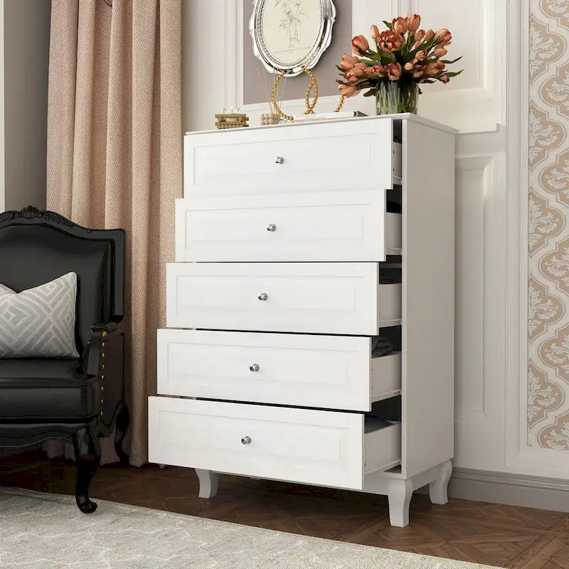 5-Drawer Lacquered Dresser with Solid Wood Legs, 31.5W x 47.2H inches