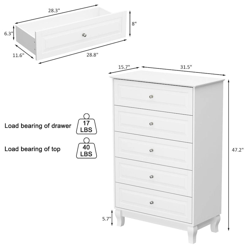 5-Drawer Lacquered Dresser with Solid Wood Legs, 31.5W x 47.2H inches