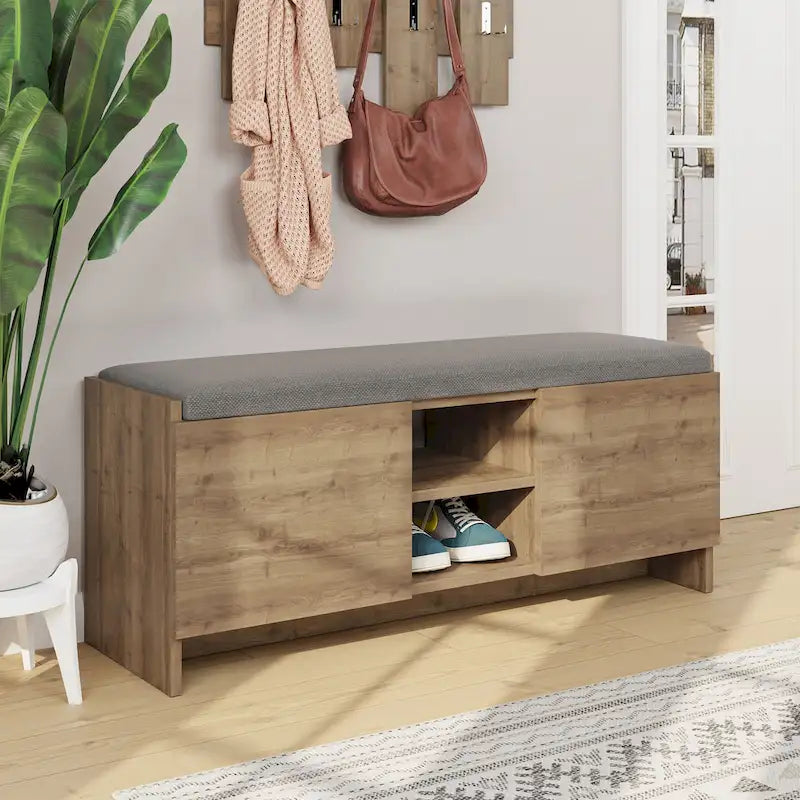 Shoe Storage Cabinet with Shelves, Cushion Bench and 6 Compartments