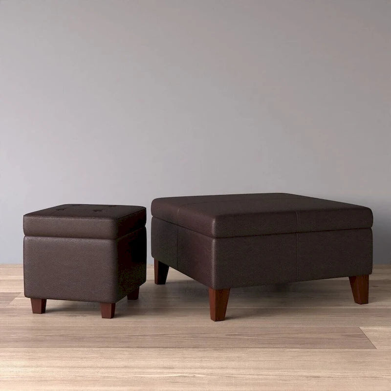 Square Tufted Faux Leather Storage Ottoman with Wood Legs, 17.5-Inch