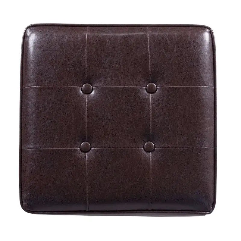 Square Tufted Faux Leather Storage Ottoman with Wood Legs, 17.5-Inch