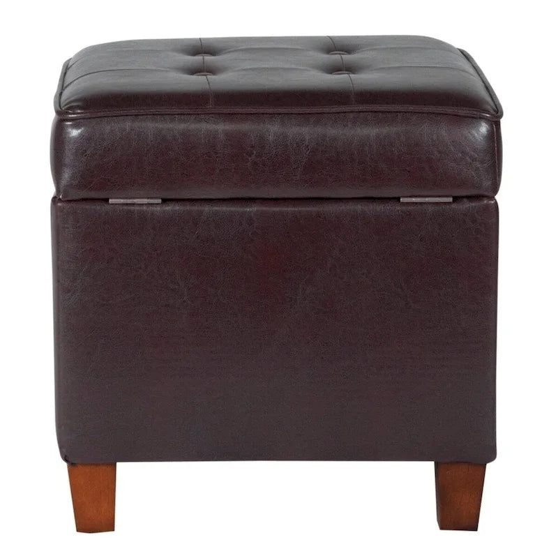 Square Tufted Faux Leather Storage Ottoman with Wood Legs, 17.5-Inch