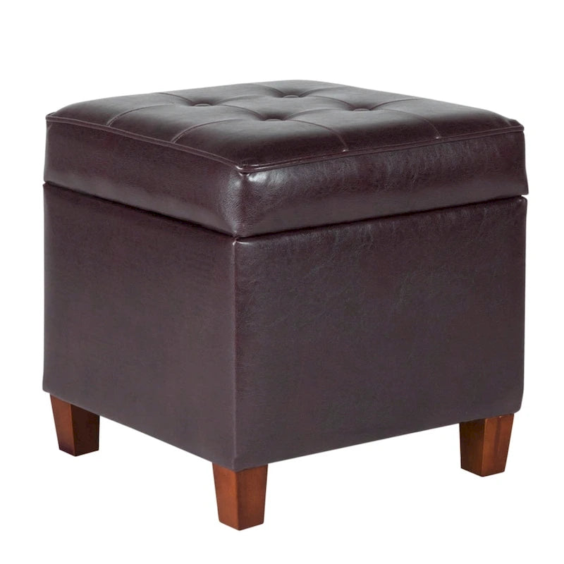 Square Tufted Faux Leather Storage Ottoman with Wood Legs, 17.5-Inch