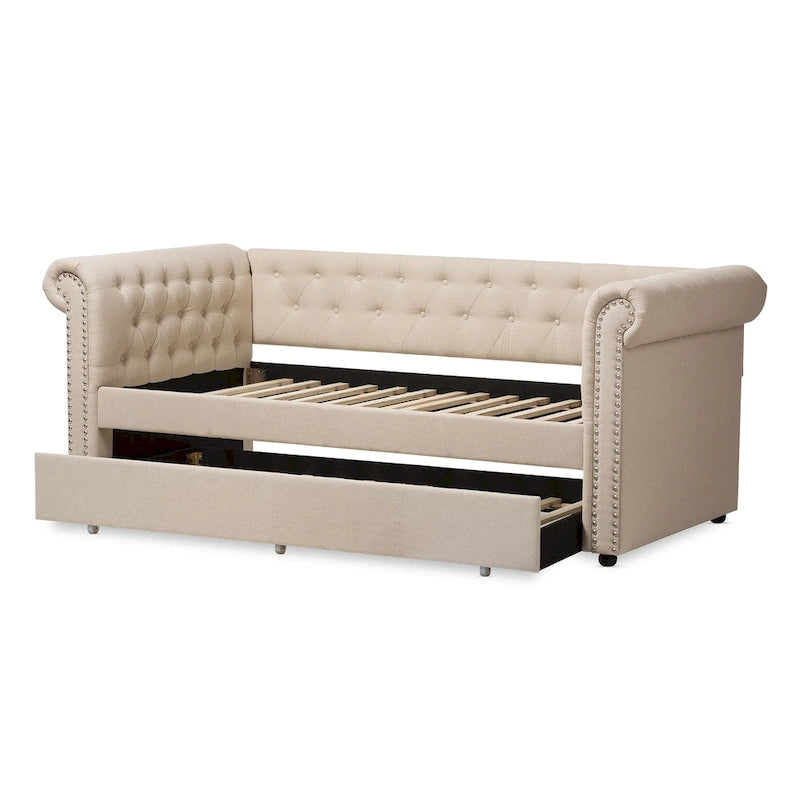 Upholstered Trundle Daybed with Nailhead Trim and Rolled Arms, Twin Size