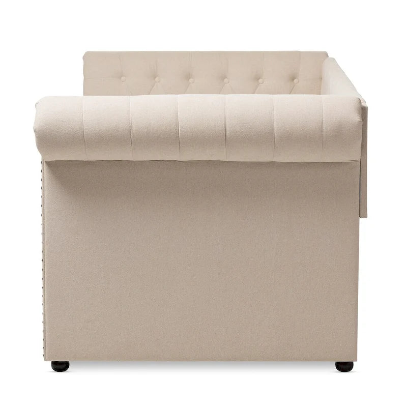 Upholstered Trundle Daybed with Nailhead Trim and Rolled Arms, Twin Size