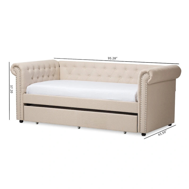 Upholstered Trundle Daybed with Nailhead Trim and Rolled Arms, Twin Size