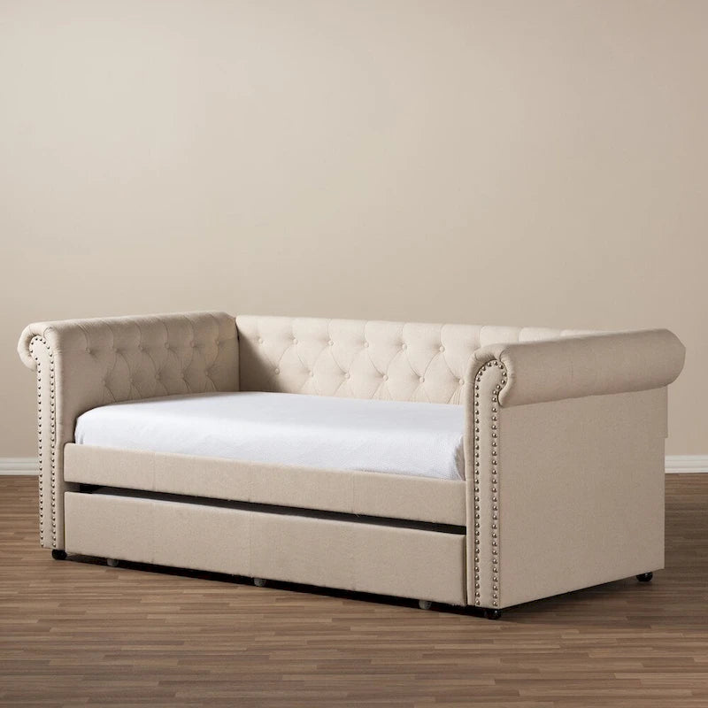 Upholstered Trundle Daybed with Nailhead Trim and Rolled Arms, Twin Size