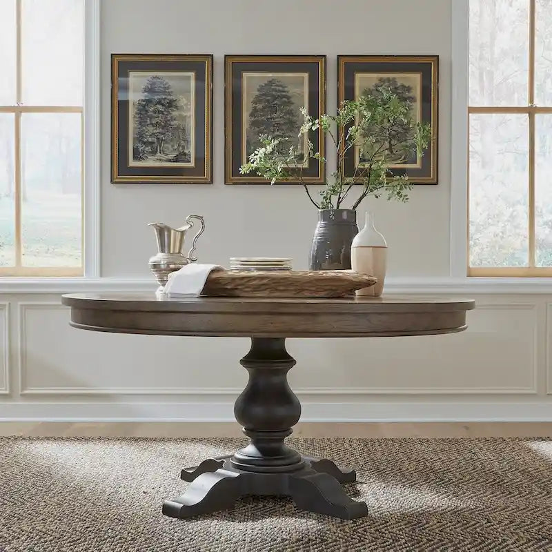 Round Farmhouse Dining Table with Starburst Oak Veneer Top, 60-Inch