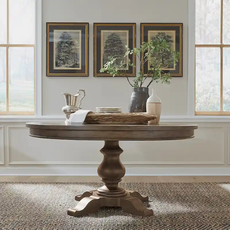 Round Farmhouse Dining Table with Starburst Oak Veneer Top, 60-Inch