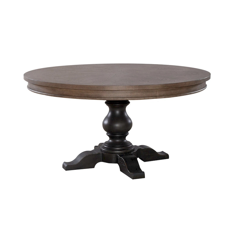 Round Farmhouse Dining Table with Starburst Oak Veneer Top, 60-Inch