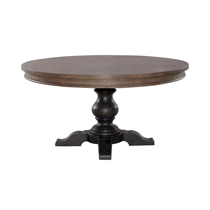 Round Farmhouse Dining Table with Starburst Oak Veneer Top, 60-Inch