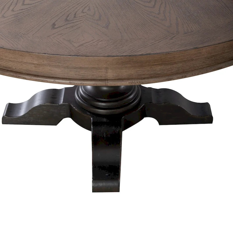 Round Farmhouse Dining Table with Starburst Oak Veneer Top, 60-Inch