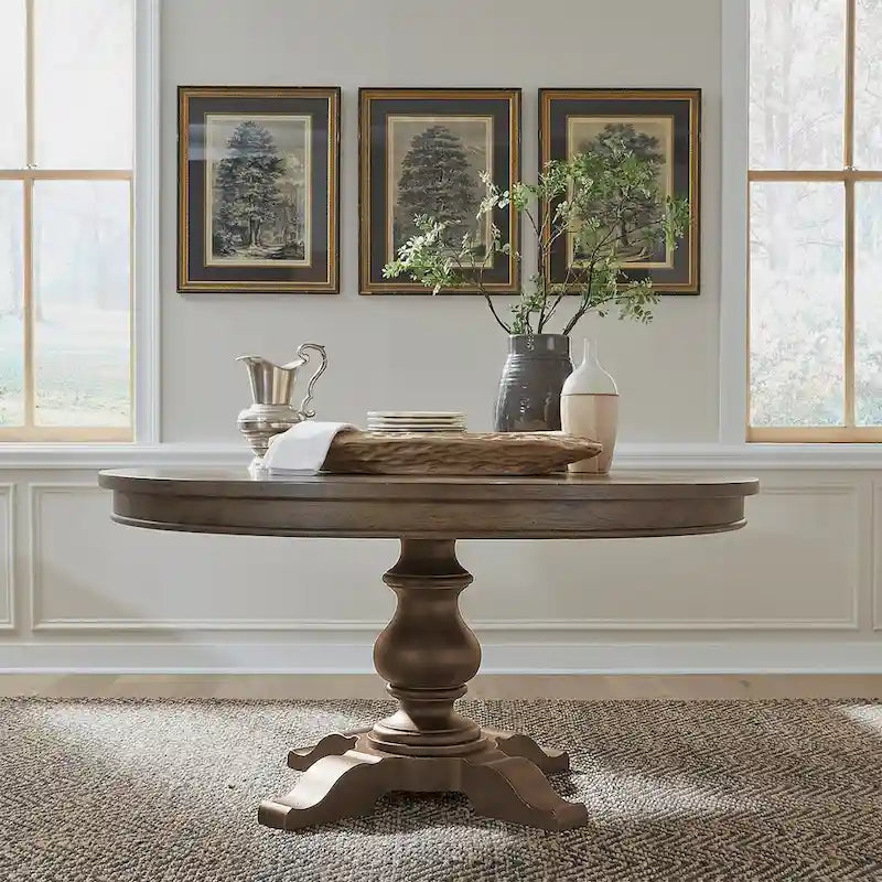 Round Farmhouse Dining Table with Starburst Oak Veneer Top, 60-Inch