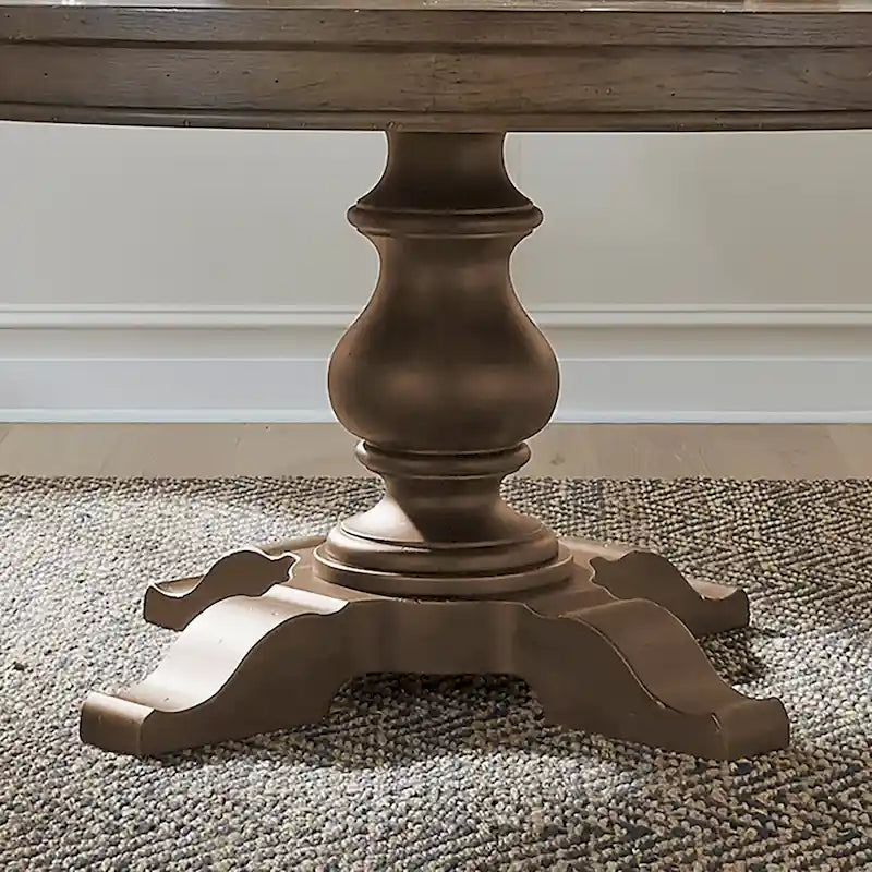 Round Farmhouse Dining Table with Starburst Oak Veneer Top, 60-Inch