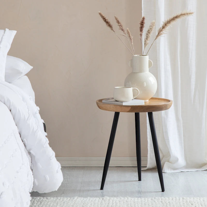 Solid Mango Wood Round End Table with Black Metal Legs, 18H x 15.75W