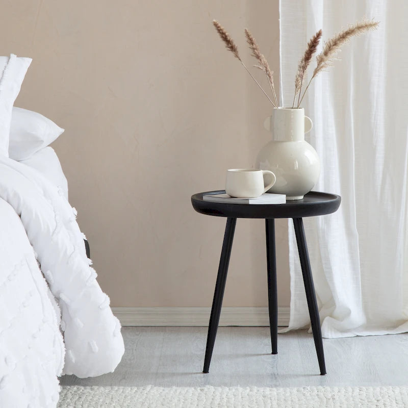 Solid Mango Wood Round End Table with Black Metal Legs, 18H x 15.75W