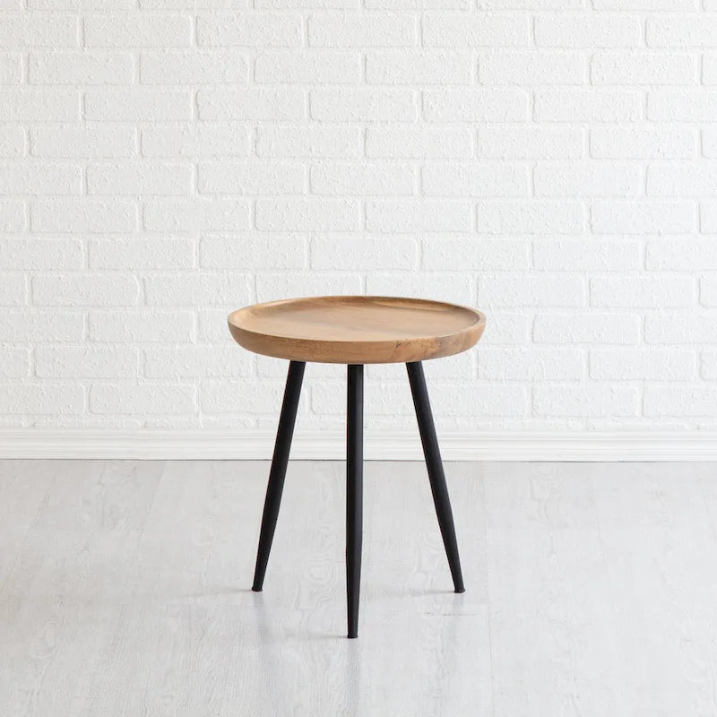 Solid Mango Wood Round End Table with Black Metal Legs, 18H x 15.75W