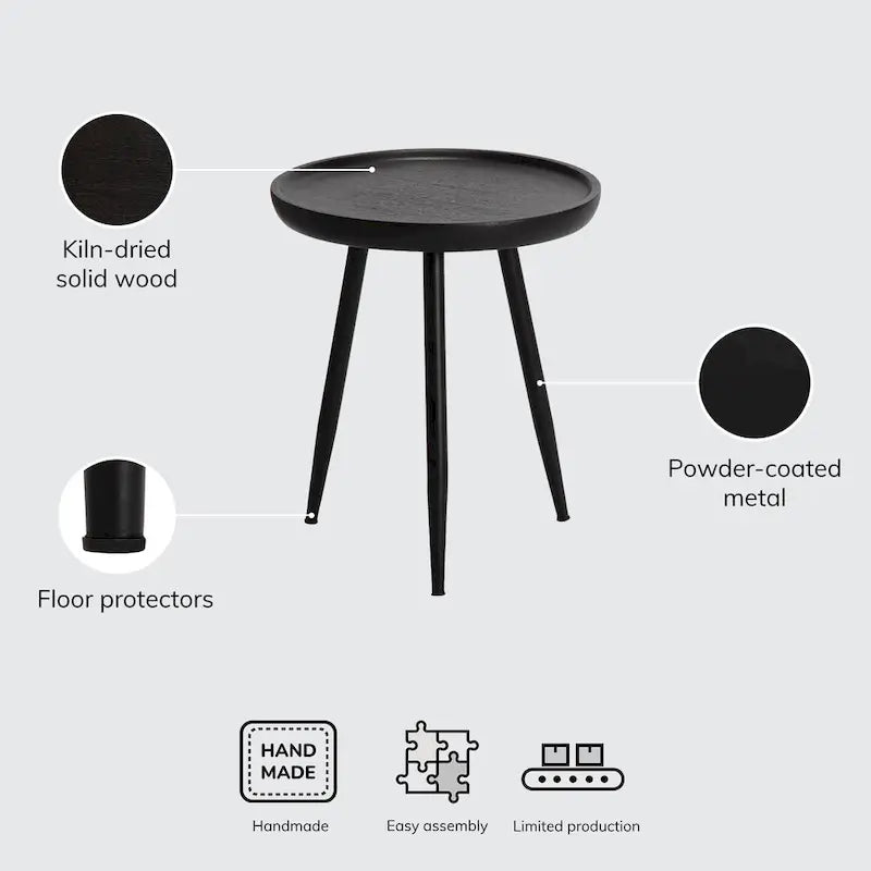 Solid Mango Wood Round End Table with Black Metal Legs, 18H x 15.75W