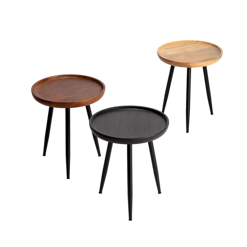 Solid Mango Wood Round End Table with Black Metal Legs, 18H x 15.75W