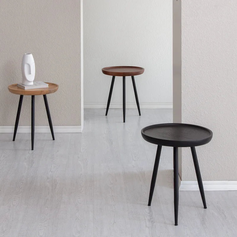 Solid Mango Wood Round End Table with Black Metal Legs, 18H x 15.75W