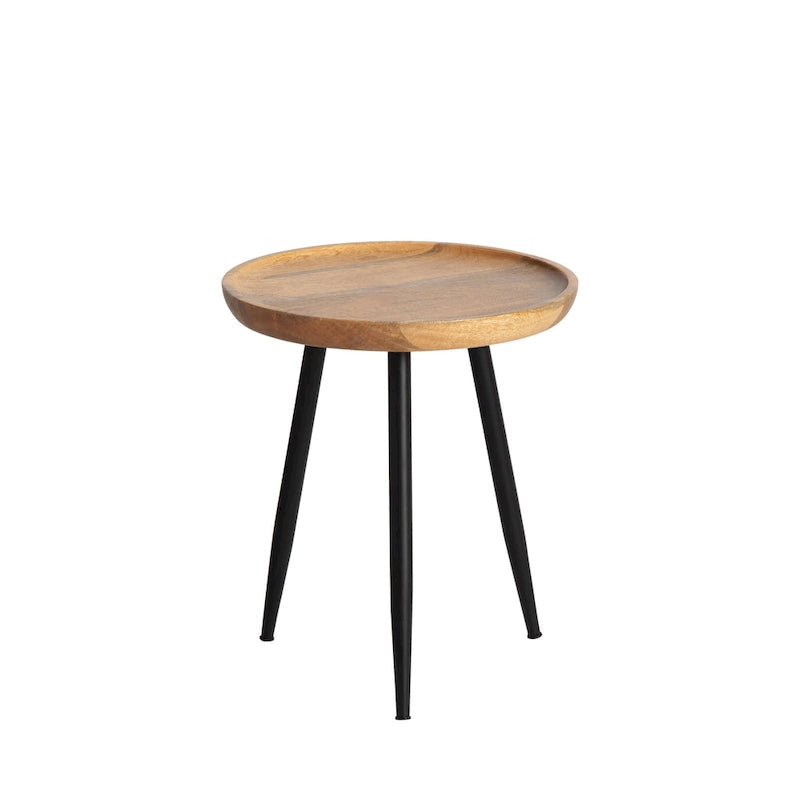 Solid Mango Wood Round End Table with Black Metal Legs, 18H x 15.75W