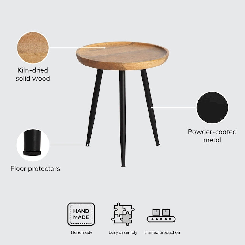 Solid Mango Wood Round End Table with Black Metal Legs, 18H x 15.75W