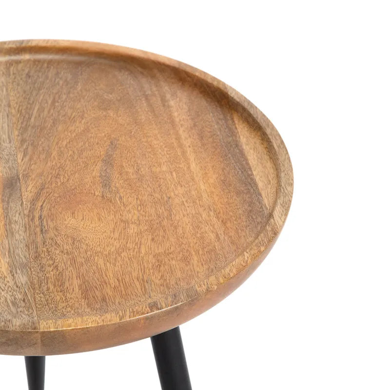 Solid Mango Wood Round End Table with Black Metal Legs, 18H x 15.75W