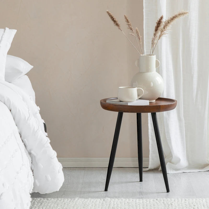 Solid Mango Wood Round End Table with Black Metal Legs, 18H x 15.75W