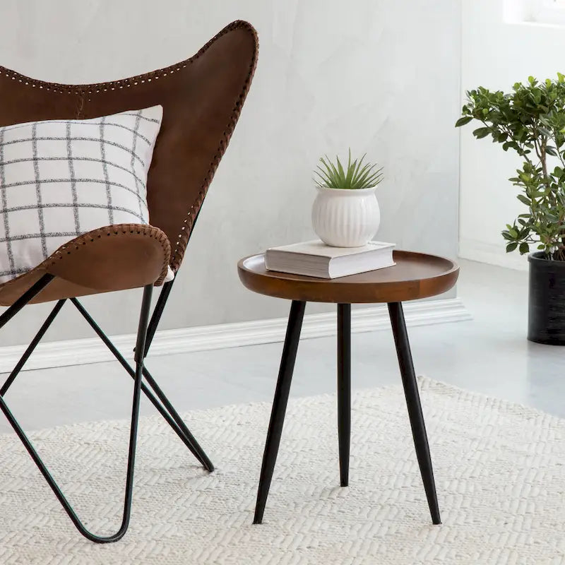 Solid Mango Wood Round End Table with Black Metal Legs, 18H x 15.75W