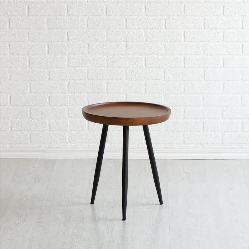 Solid Mango Wood Round End Table with Black Metal Legs, 18H x 15.75W