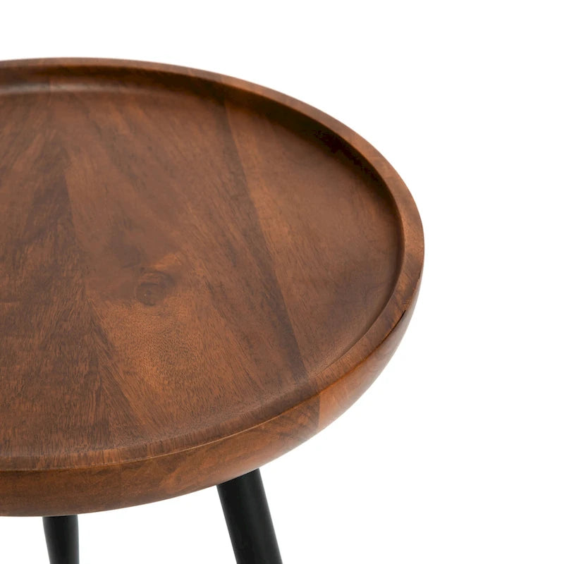 Solid Mango Wood Round End Table with Black Metal Legs, 18H x 15.75W