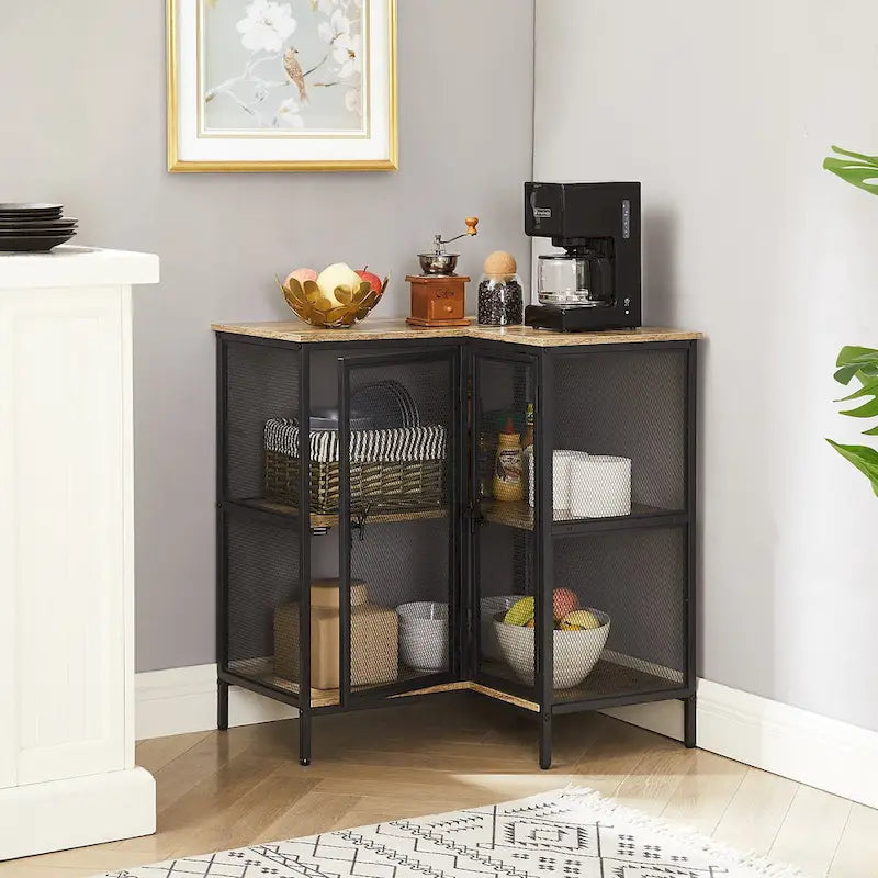 L-Shaped Corner Cabinet with Doors and 3-Tier Shelves, Space Saving