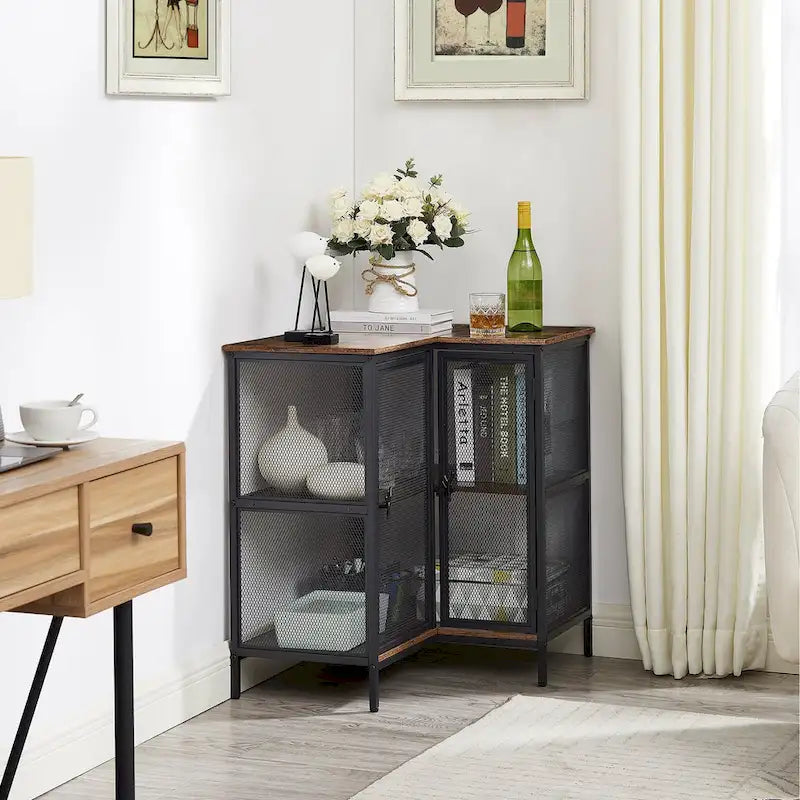 L-Shaped Corner Cabinet with Doors and 3-Tier Shelves, Space Saving