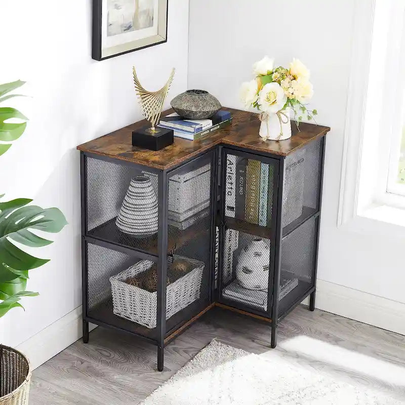 L-Shaped Corner Cabinet with Doors and 3-Tier Shelves, Space Saving