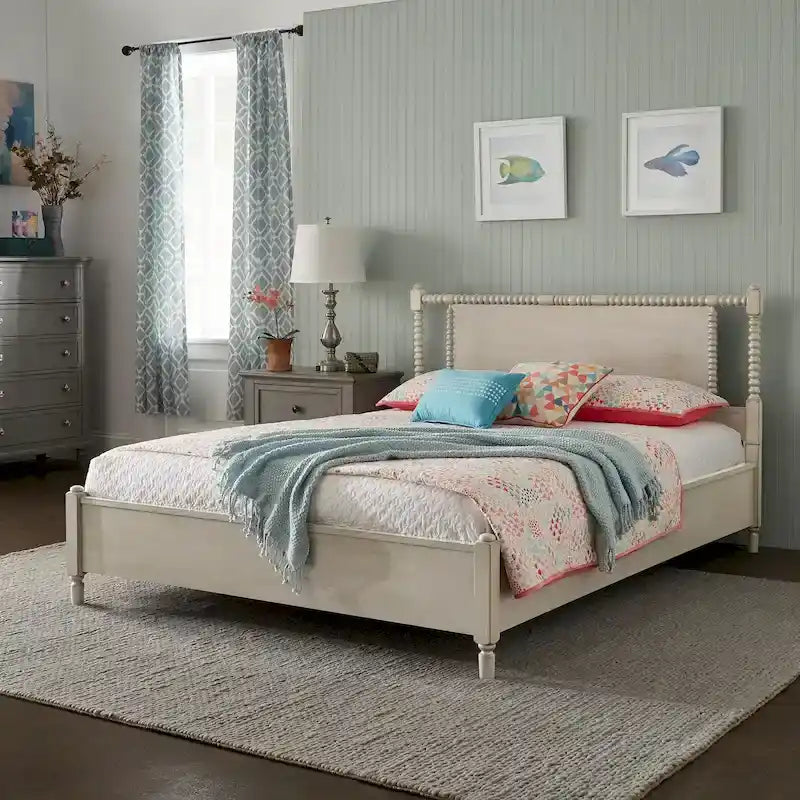 Antique Finish Beaded Wood Platform Bed