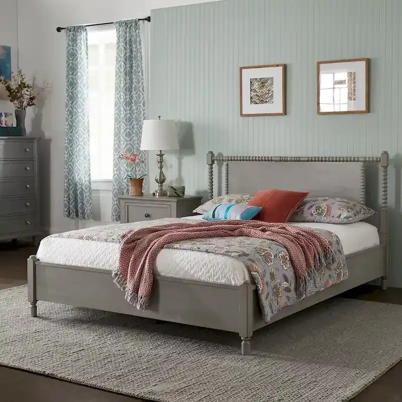 Antique Finish Beaded Wood Platform Bed