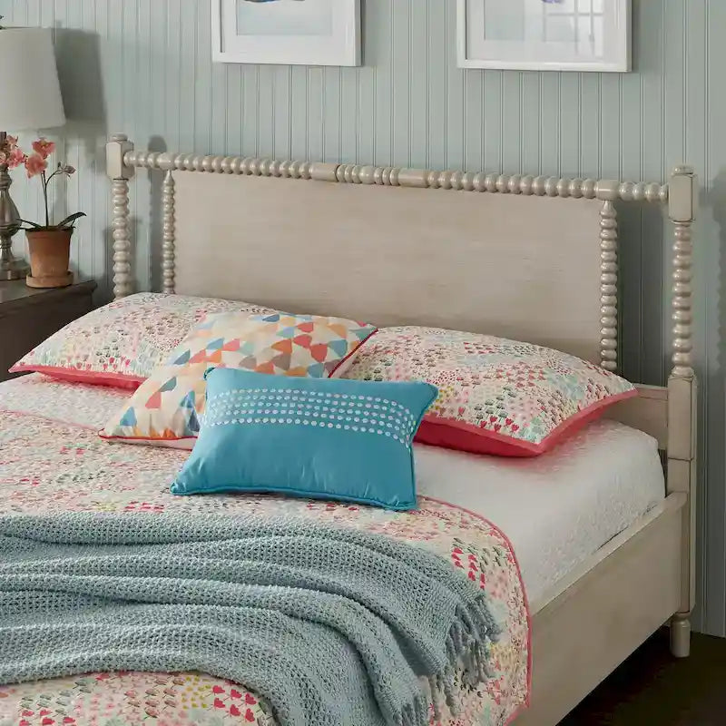 Antique Finish Beaded Wood Platform Bed