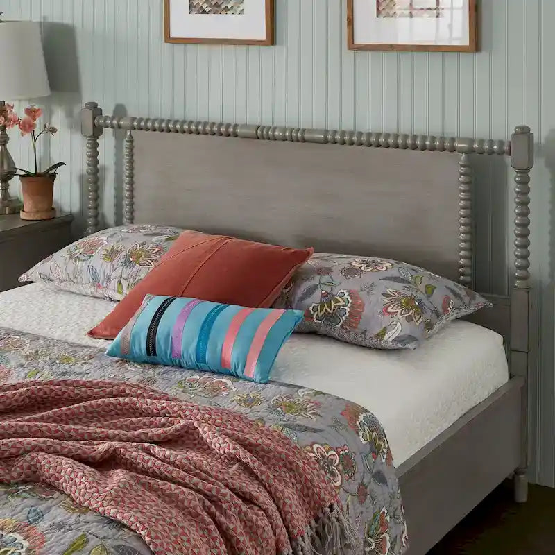 Antique Finish Beaded Wood Platform Bed