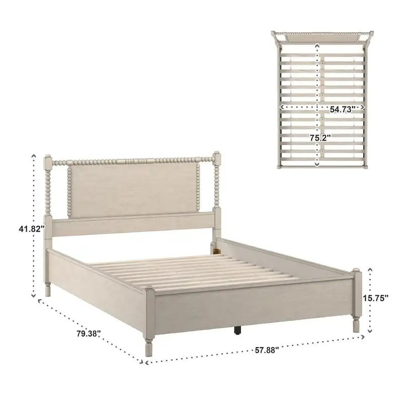 Antique Finish Beaded Wood Platform Bed