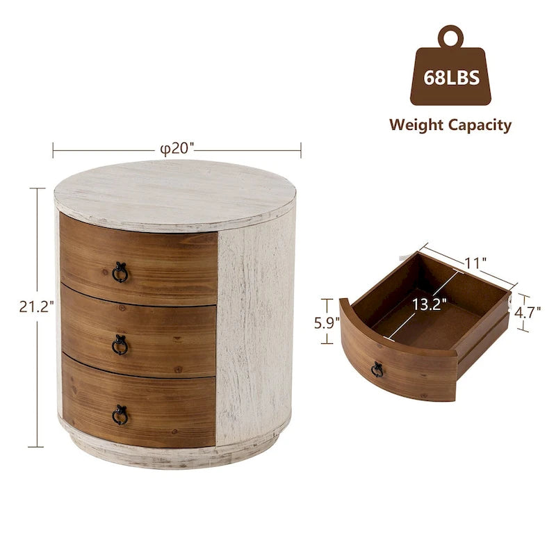 Round Nightstand with 3 Drawers, White and Brown Finish